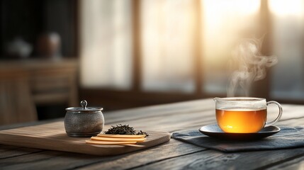 Steaming tea in clear cup on table, with tea leaves, sunlight