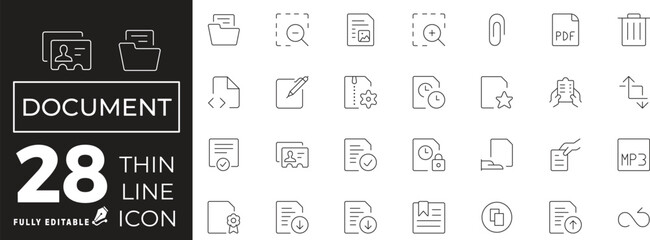 Document Icon set of web and mobile in thin line style. File Document Icons & Symbols Containing papers, folder, certificate, accept, approved, clipboard and more