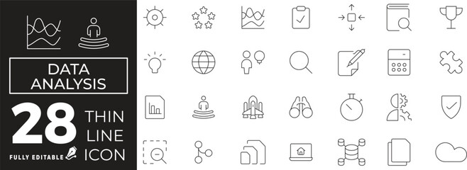 Data analytics Icon set of web and mobile in thin line style. business analysis Icons & Symbols Containing planning, magnify glass, document, binocular, analytic and more