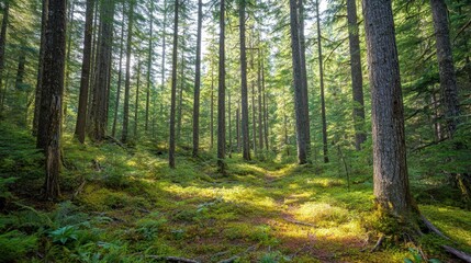Fototapeta premium Sun-Dappled Forest Trail: Sunlight filters through a dense canopy of towering trees, illuminating a winding trail that invites exploration. The air is fresh, the colors vibrant.