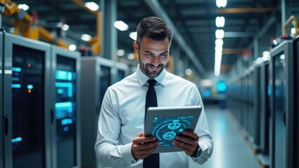 Smiling IT Specialist Reviewing Data on Tablet in Modern Server Room