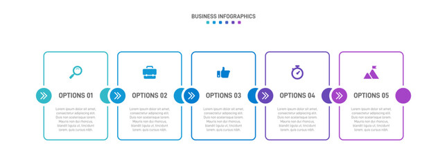 Horizontal progress bar featuring 5 arrow-shaped elements, symbolizing the five stages of business strategy and progression. Clean timeline infographic design template. Vector for presentation