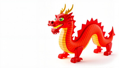 Colorful dragon toy in playful pose on white background, festive symbolism