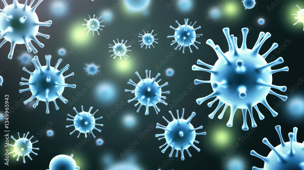 Aufkleber abstract microscopic view of viruses and immune cells, glowing blue particles floating in a dark bac