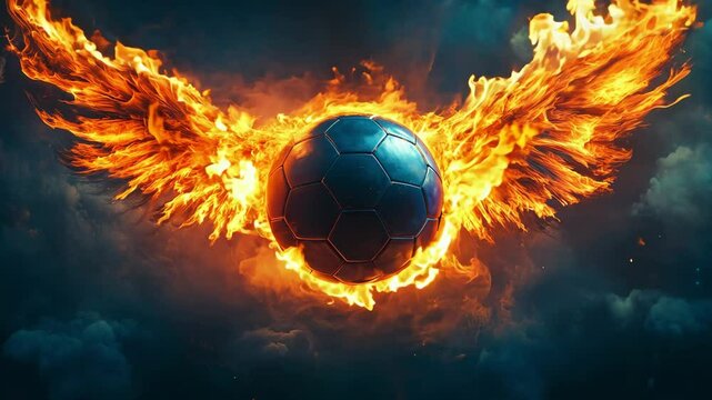 Soccer highlights feature a flaming ball with wings soaring through dark clouds, showcasing thrilling gameplay and intense moments