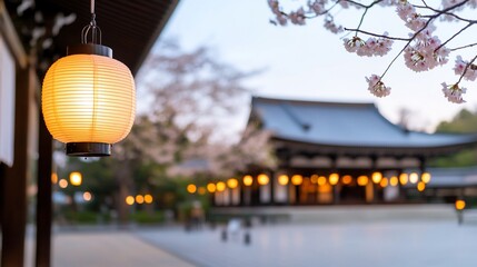 Obraz premium Traditional Asian temple with illuminated lanterns and blooming cherry blossoms in spring