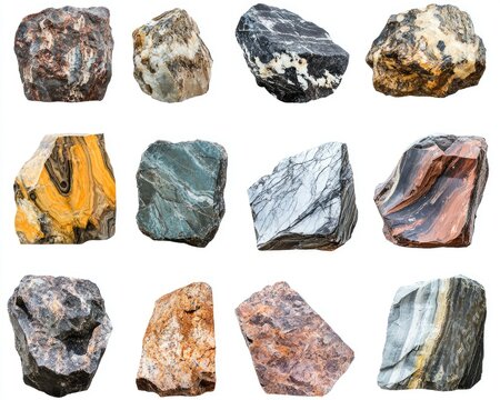 Diverse Collection of Metamorphic Rock Specimens: A Geologic Showcase of Natural Stones and Minerals