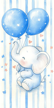 baby elephant with a ballons against wallpaper with blue stripes in watercolor style