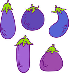 Eggplant various shapes and color in cartoon hand drawn child style. Collection fresh delicious vegetables. Flat vector illustration healthy products for print, sticker, book.