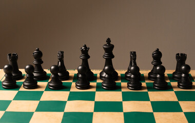 Black chess pieces standing on green and beige chessboard