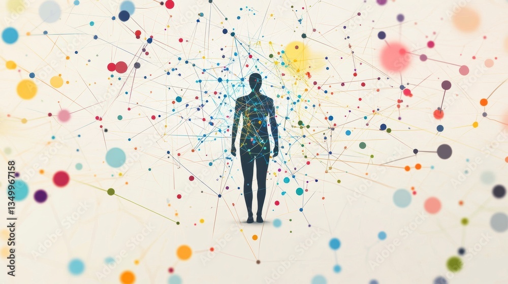 Poster Abstract human figure interconnected with colorful nodes and lines, representing network, connection, and relationships.