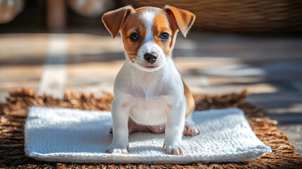 A playful small dog sitting on a towel in a cozy environment while exhibiting house-training behavior and relaxation.