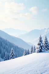 Snowy landscape with trees and hills in soft white paper texture background, peaceful , snowy landscape