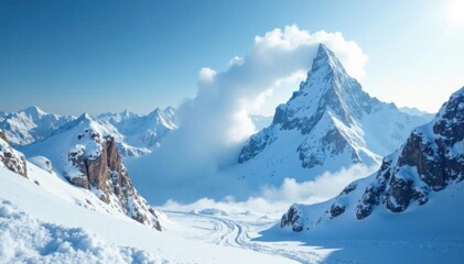 Fototapeta premium Snowy mountain peak with swirling vortex of snow and icy mist, frosty atmosphere, snowy peaks