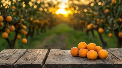 Golden apricots resting on a wooden table, with an expansive orchard behind.