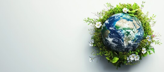A 3D rendering of Earth encircled by vibrant green foliage and delicate flowers, symbolizing sustainability and environmental harmony. Perfect for eco-friendly and conservation themes