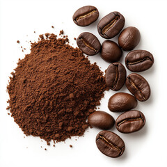 coffee beans and ground coffee, Isolated on white Background.