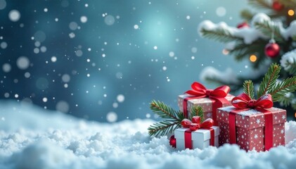 Snowy winter scene with gift boxes and branches amidst falling snowflakes, branches, snowfall