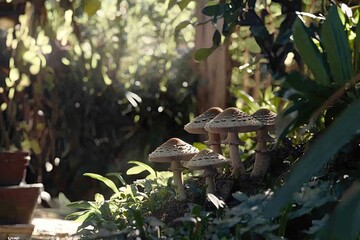 Obraz premium Sunlit mushrooms cluster amidst lush greenery in a garden setting
