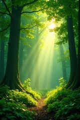 Soaring rays of sunlight filter through lush green canopy, illuminating forest floor with warm glow, outdoors, light