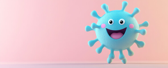 Obraz premium A cartoonish blue virus with a smiling face on a light pink background in a studio setting