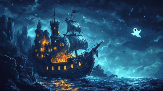 Ghost ship cartoon landing page with dead pirate spirit and haunted sailing boat glowing and soar over night sea with sticking rocks. Halloween filibuster adventure on secret island, vector web banner