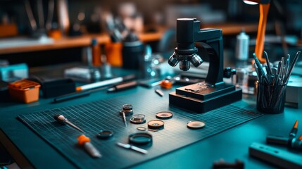 Naklejka premium Precision Repair Workspace - Microscope and small tools on a dark teal work surface, suggesting precision repair or micro-mechanics