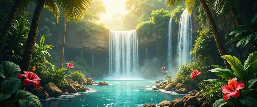 Tropical Waterfall Oasis: Lush jungle cascade into turquoise pool, creating a serene paradise. Perfect wall mural or wallpaper for kids' rooms, bringing vibrant nature indoors! High-quality, detailed 