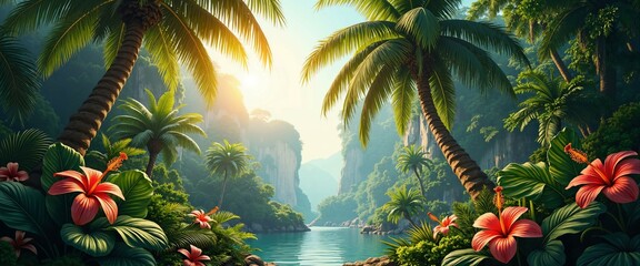 Tropical Waterfall Oasis: Lush jungle cascade into turquoise pool, creating a serene paradise. Perfect wall mural or wallpaper for kids' rooms, bringing vibrant nature indoors! High-quality, detailed 