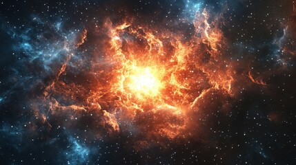 Celestial Inferno: Witness the fiery heart of a nebula, a cosmic tapestry of blazing hues and swirling stardust, evoking a sense of wonder and the boundless mystery of the universe.