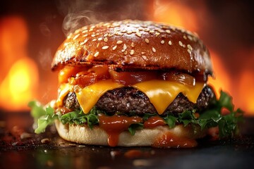 Juicy Cheeseburger with Melted Cheese and Sesame Bun