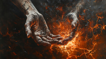 A haunting close-up of hands clutching the fractured ground, dirt slipping between their fingers, the abyss below illuminated by molten fire, the last moments of Korah’s followers frozen in time,