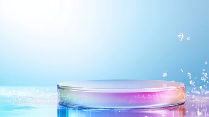 A vibrant, iridescent circular pedestal, surrounded by water droplets on a light blue backdrop