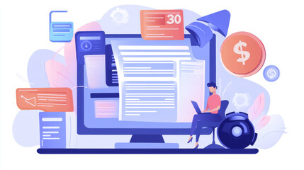 Online tax banner. Digital payment concept. Vector landing page of electronic finance, digital transaction with isometric icon of computer monitor with receipt and assistant chatbot