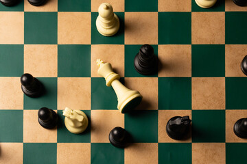 White king defeated on green chessboard after checkmate