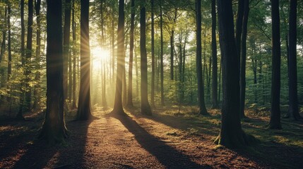 Obraz premium Sunlit Forest Path: A mesmerizing sunlit path weaves through a dense forest of tall trees, their branches forming a natural canopy that filters the sunlight.