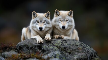 Fototapeta premium Two wolves resting on a rock