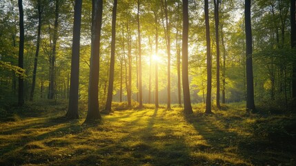 Luminous Forest Canopy: The sun bursts through a dense forest canopy, casting a radiant glow on the tranquil, moss-covered ground, creating a scene of pure natural wonder.