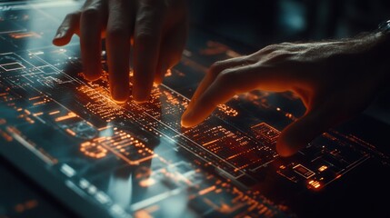 Futuristic Interface, Hands Interacting with a Holographic Display