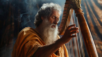 Nativity scene of Biblical king David singing praise with an harp. Harp of king David, melody to God