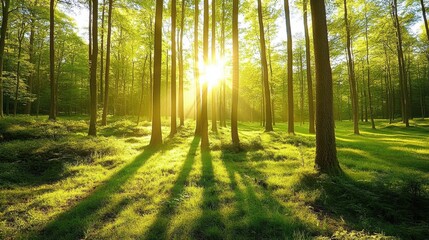 Fototapeta premium Sun-Dappled Woodland: A sunlit forest scene with tall trees casting long shadows on a verdant forest floor. The image exudes tranquility and natural beauty, creating a sense of peace and serenity.