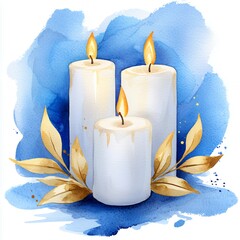 Three White Candles with Golden Leaves on Blue Watercolor Background