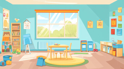 Kindergarten playroom interior design. Vector cartoon illustration of nursery school classroom with large window, furniture and toys, wooden table and chairs for kids, bookshelf, preschool education