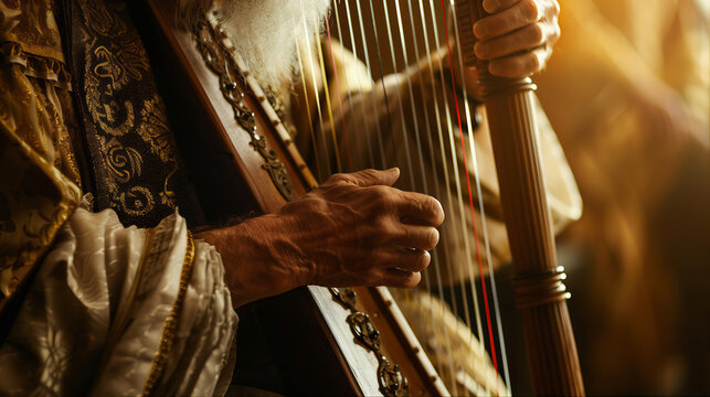 Nativity scene of Biblical king David singing praise with an harp. Harp of king David, melody to God