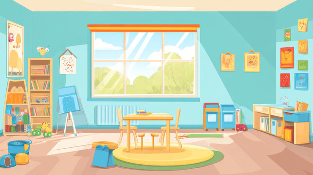 Kindergarten playroom interior design. Vector cartoon illustration of nursery school classroom with large window, furniture and toys, wooden table and chairs for kids, bookshelf, preschool education