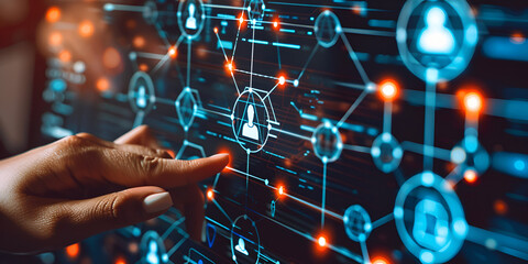 Futuristic digital social network interface with AI-driven human connections, cyber technology concept
