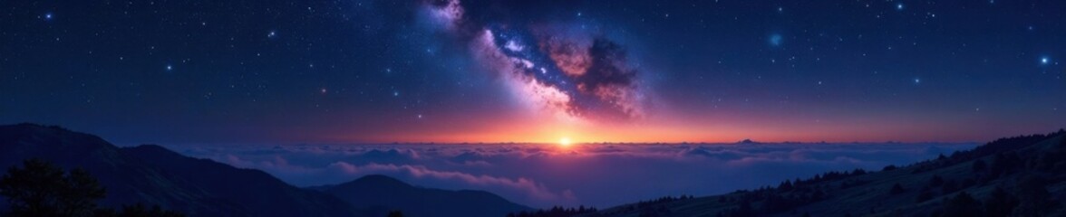 Fototapeta premium Sparkling stars on inky blackness, starry expanse above horizon, space, heavenly, celestial