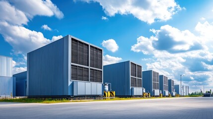 Obraz premium Industrial Cooling Units with Blue Sky and Clouds in Manufacturing Facility Environment