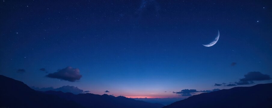 Starry night sky with a few shooting stars and a crescent moon in the background, astronomy, galaxy