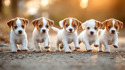 Energetic group of puppies running together in a playful environment highlighting the foundations of socialization and joyful learning.